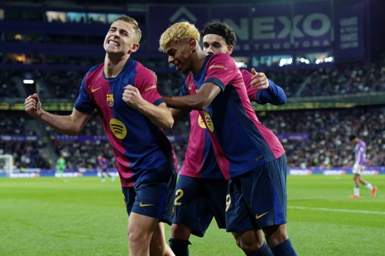 Barcelona midfielder Fermin Lopez celebrates scoring the winner against Valladolid