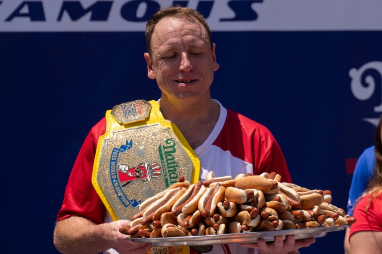 NEW YORK, NEW YORK - JULY 4: Joey Chestnut wins the men's competition at Nathan's Annual Hot Dog Eating Contest on July 4, 2025 in New York City