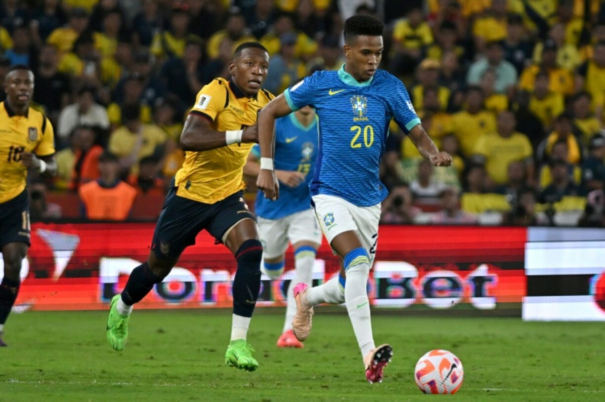 Estevao, with the number 20, playing for Brazil in a World Cup qualifier against Ecuador earlier this month
