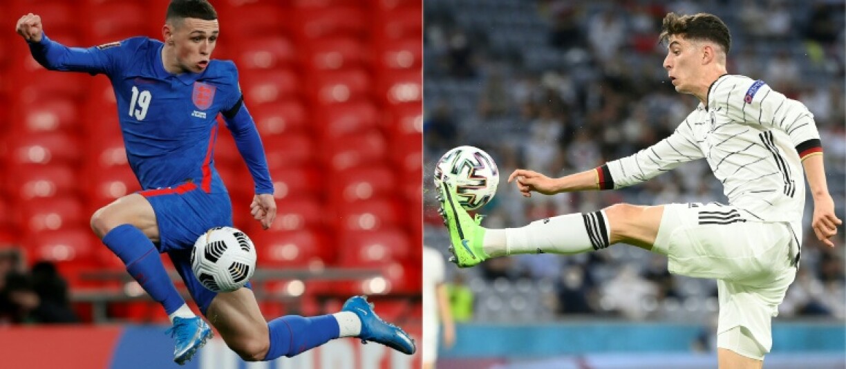 Combo réalisé le 27 juin 2021 réalisé à parti de photos du milieu anglais Phil Foden, le 25 mars 2021 à Londres, et de l'attaquant allemand Kai Havertz le 15 juin 2021 à Munich