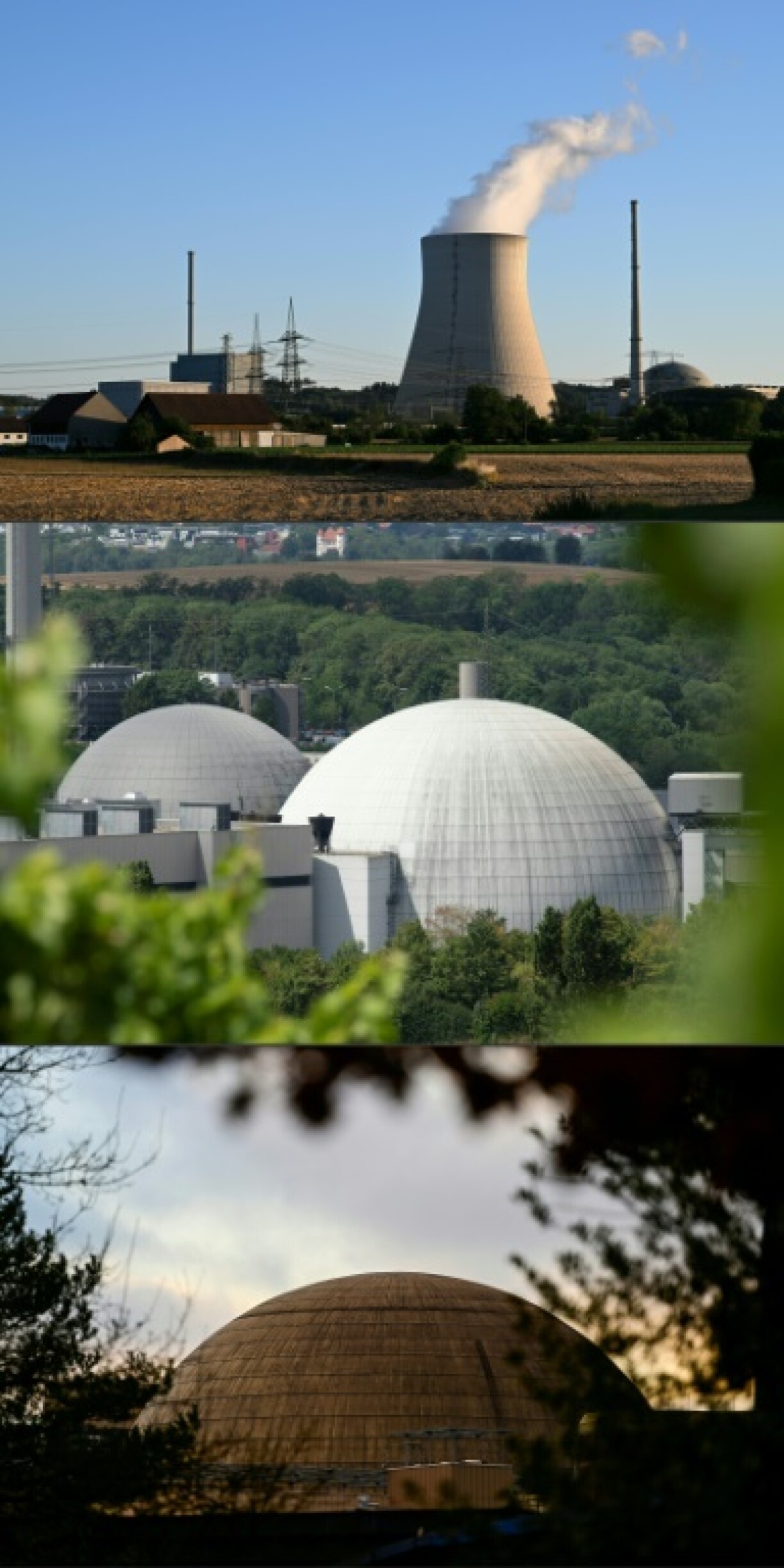 Combiné des trois dernières centrales nucléaires allemandes, fermées le samedi 15 avril 2023, de haut en bas: la centrale nucléaire d'Isar (sud), celle de Neckarwestheim (sud) et celle d'Emsland (nord-ouest)