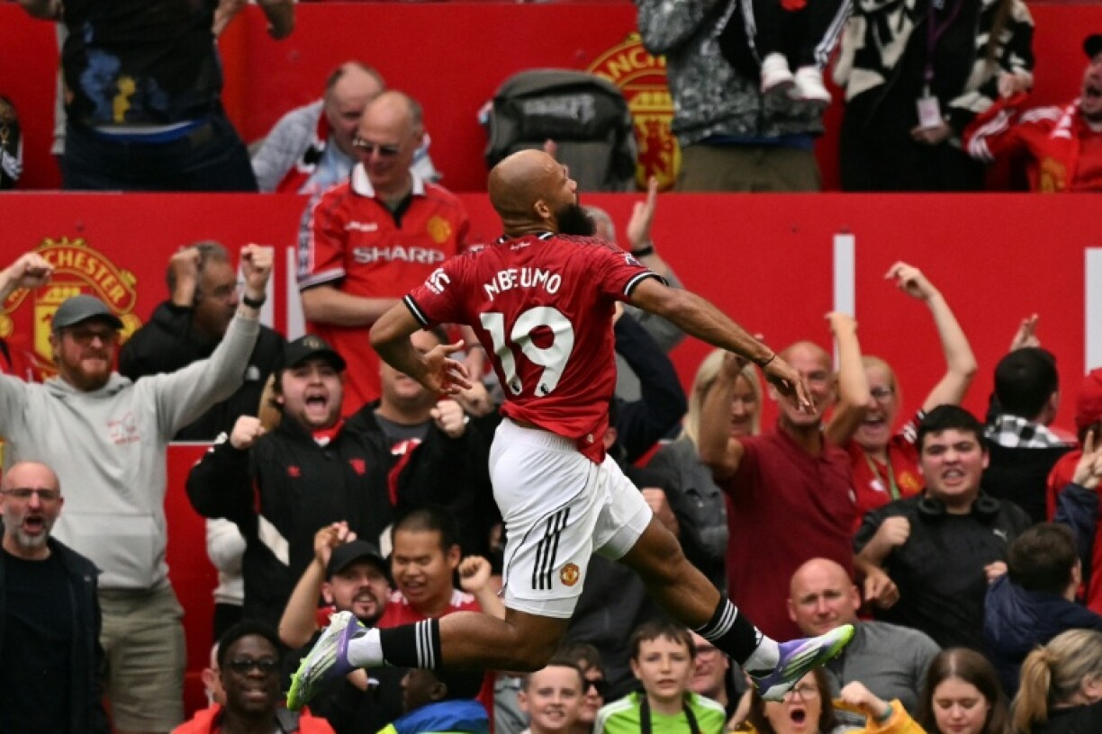 Bryan Mbeumo celebrates his first Premier League goal for Manchester United.
