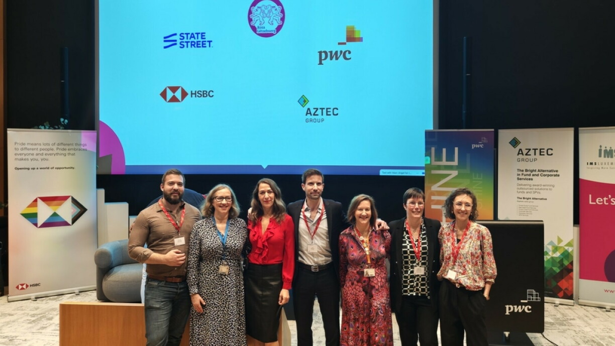 Left to Right: Nicolas Van Elsue (Rosa Letzebuerg), Catherine Dimmock (panel member, European School of Luxembourg II), Candida Nedog (moderator, Aztec Group), Loic Choquet (panel member, Aztec Group), Mary Carey (organiser, pwc), Catherine Guilleaume (panel member, State Street Bank International), Alexia Merel (IMS Luxembourg)