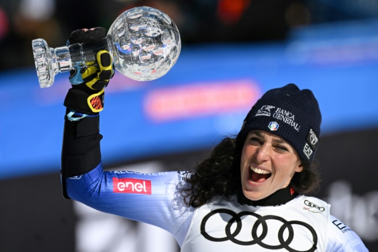Federica Brignone celebrates her world title in the women's giant slalom in March