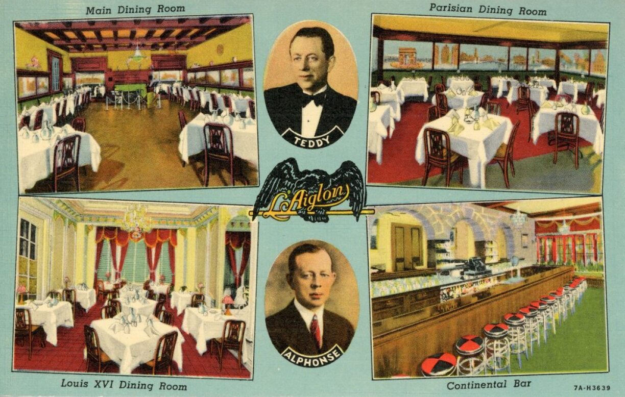Postcard of L'Aiglon Restaurant featuring Teddy and Alphonse Majerus and various dining rooms.