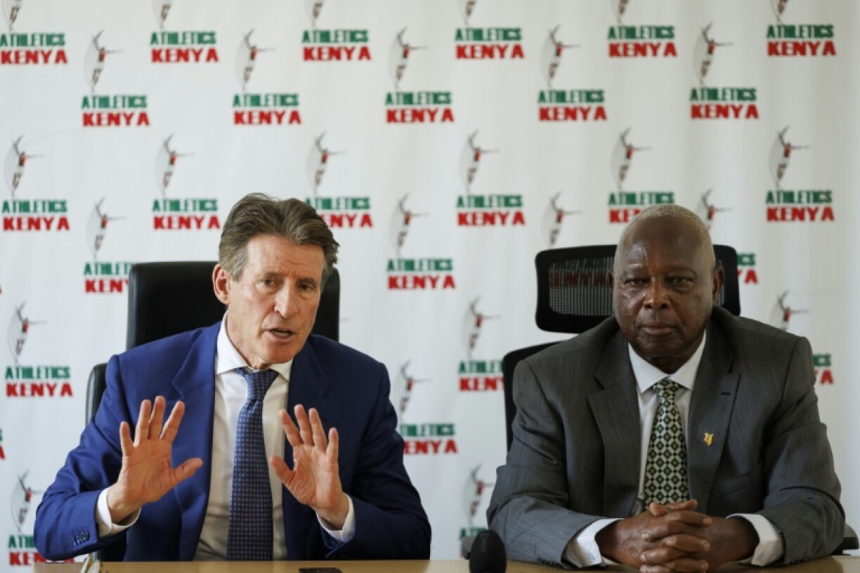 Sebastian Coe (left) with Athletics Kenya president Jackson Tuwei in Nairobi