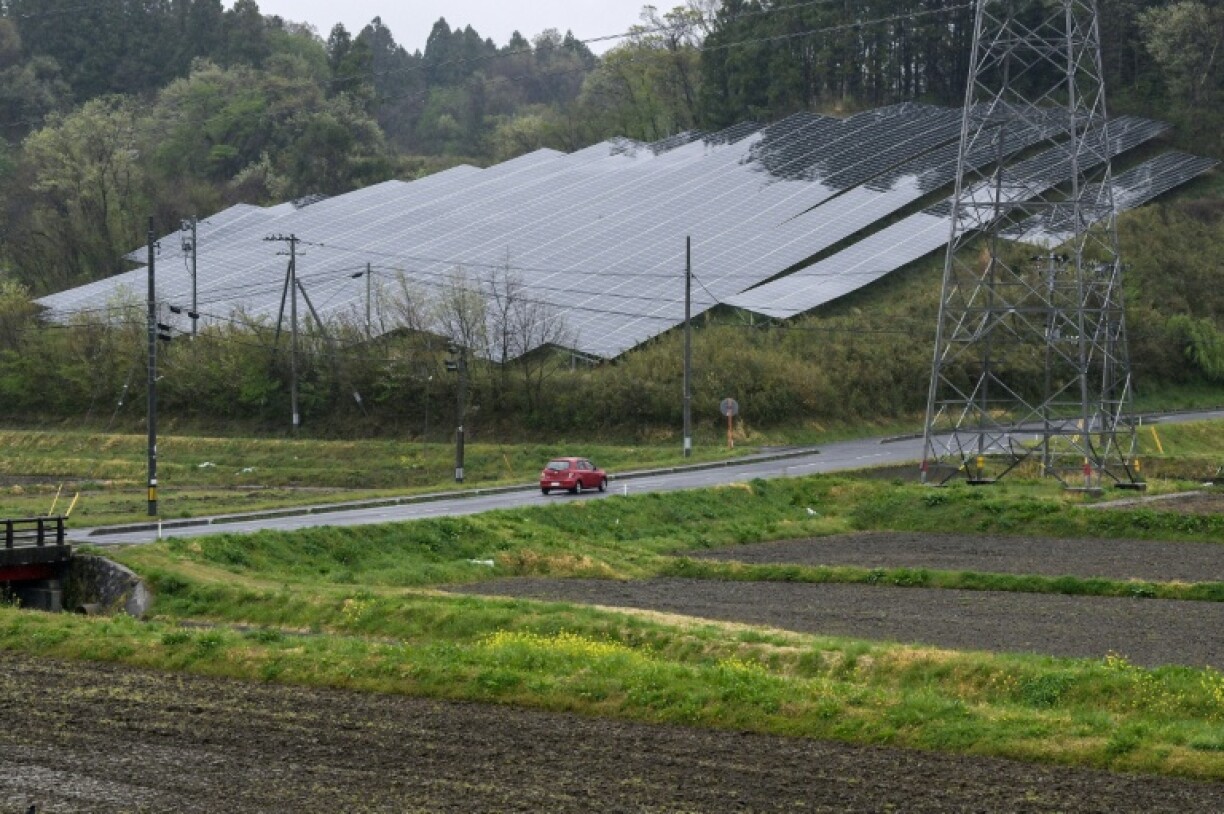 Traditional solar panels on a hillside in Fukushima prefecture. Flexible perovskite panels are perfect for mountainous Japan, with its shortage of flat plots