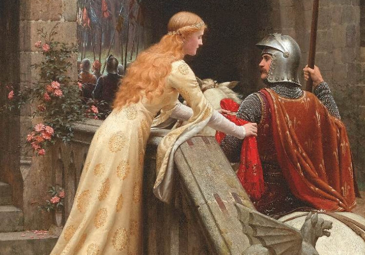 ‘God Speed’ by English artist Edmund Leighton, 1900: depicting an armoured knight departing for war and leaving his beloved.