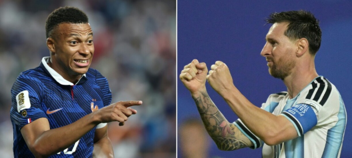 Combinaison de photos de l'international français Kylian Mbappé (gauche), face à l'Irak lors de la phase de groupes de la Coupe du monde, à Philadelphie le 22 juin 2026, et de l'Argentin Lionel Messi (droite), face à l'Algérie, à Kansas City, le 16 juin 2026