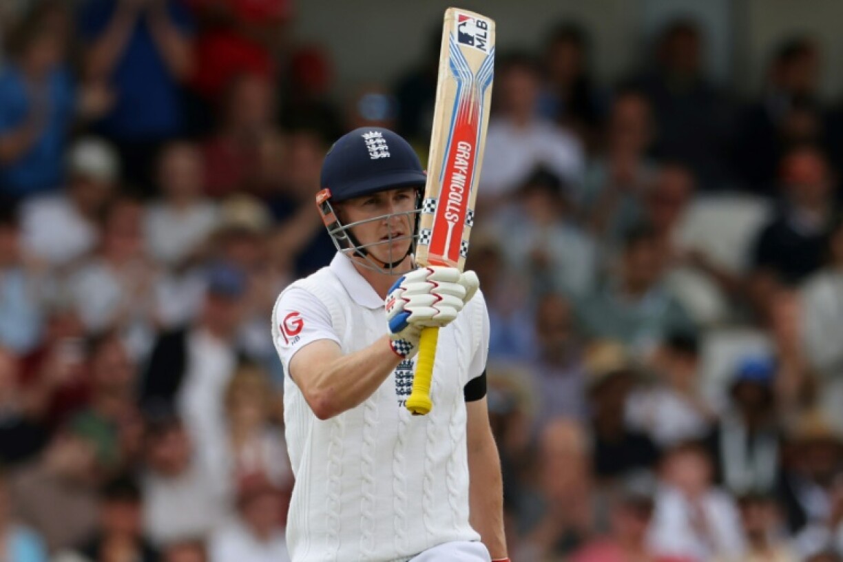 England's Harry Brook acknowledges his fifty in the first Test against India at Headingley