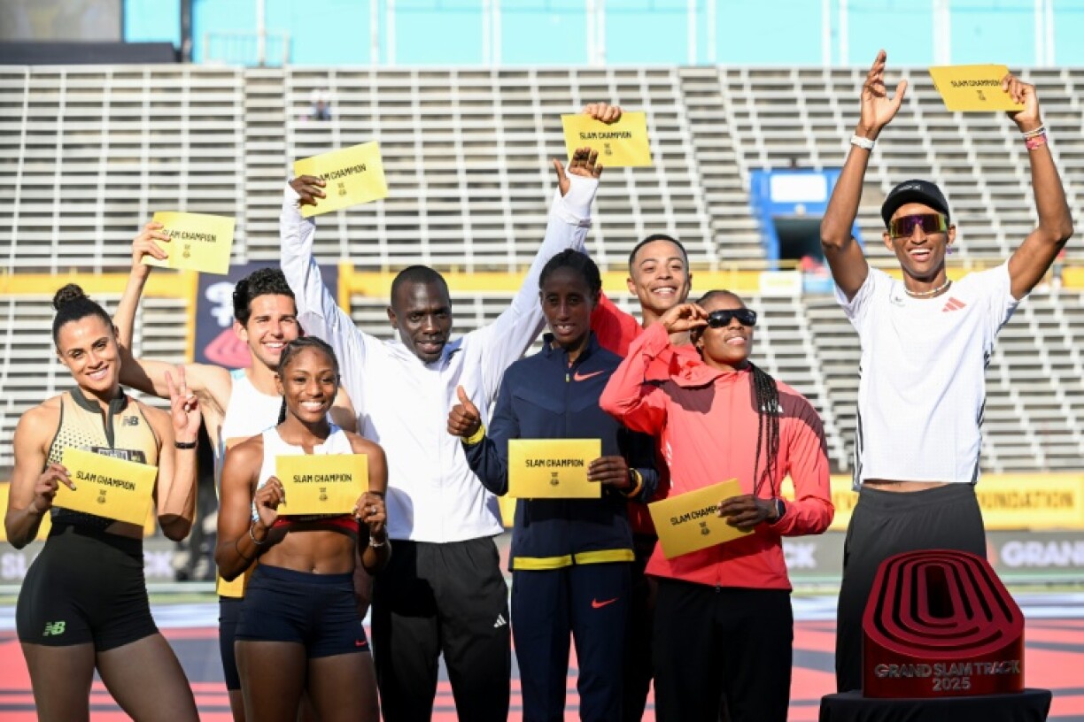 Grand Slam champions from inauagural meet in Kingston included, from left-to right, Sydney Mclaughlin-Levrone, Grant Fisher, Melissa Jefferson, Emmanuel Wanyonyi, Ejgayehu Taye, Sasha Zhoya, Danielle Williams and Alison Dos Santos