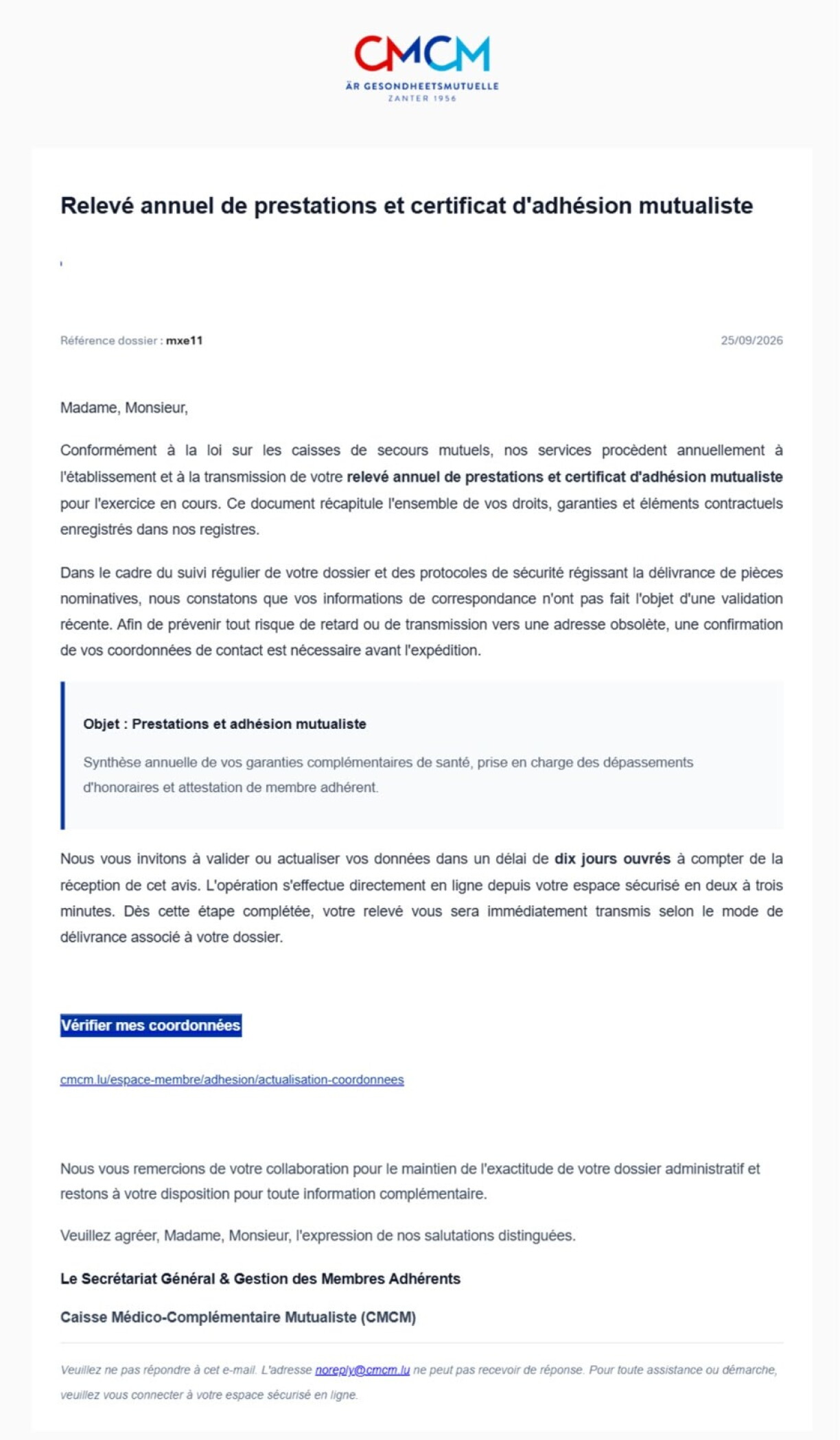 Dëst ass eng Arnaque a kee Mail vun der CMCM.