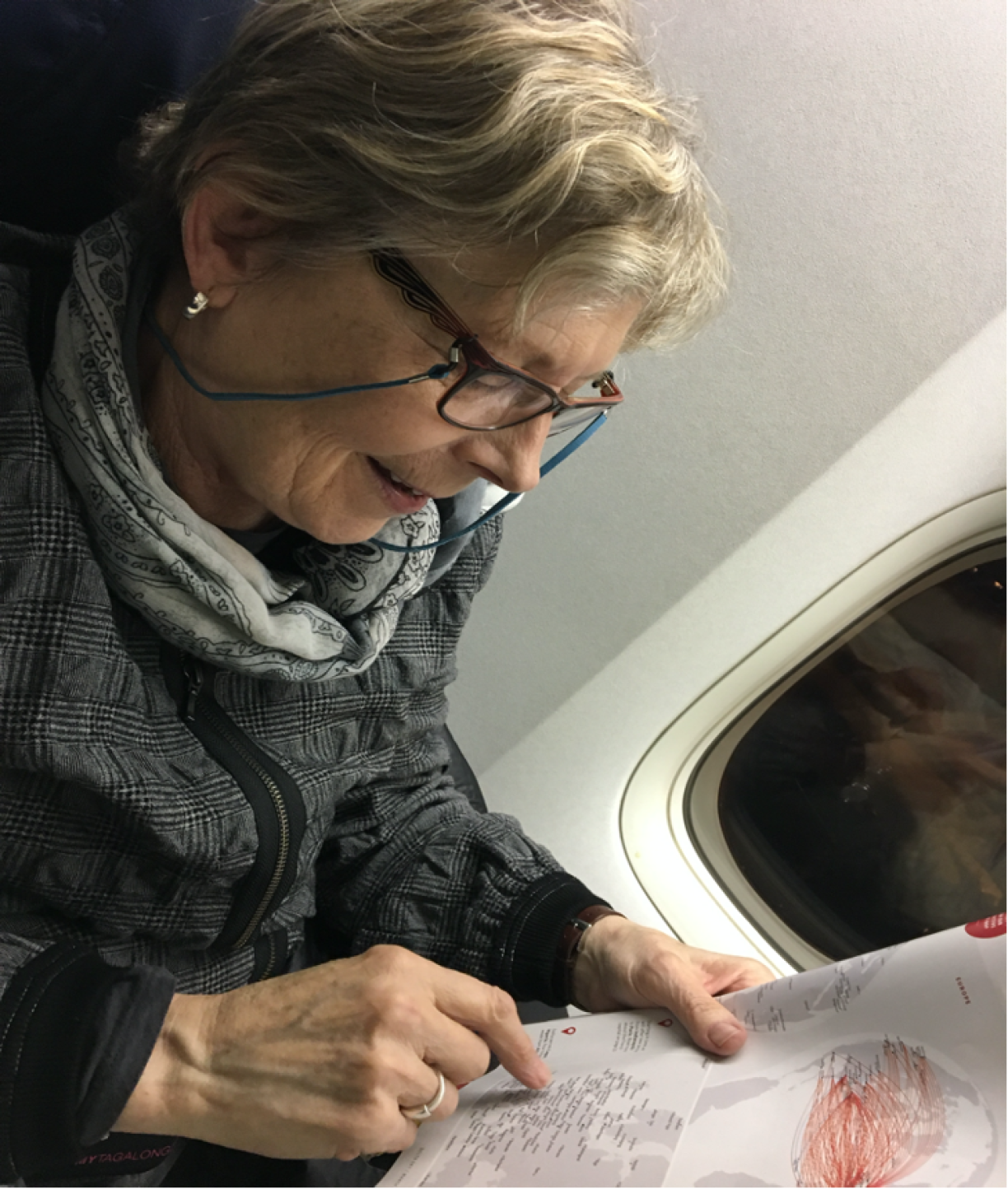 Miriam (Mary) on the plane to Luxembourg.