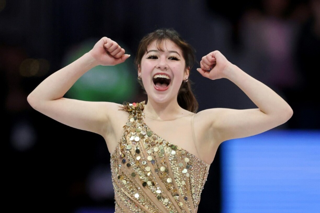Alysa Liu celebrates after her free skate which won her the world championship in Boston last month