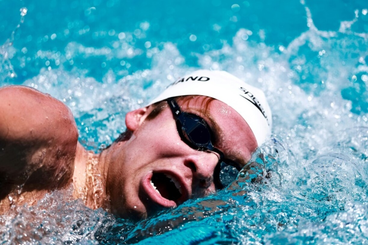 Paris Olympic hero Leon Marchand of France competes in the 400m freestyle at the TYR Pro Swim Series meeting in Fort Lauderdale, Florida