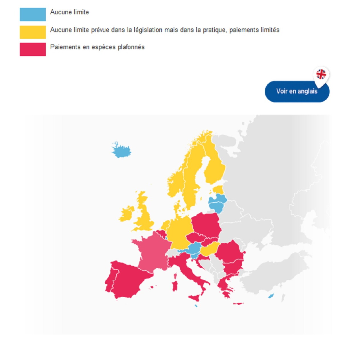 Sur cette carte, on voit que le Luxembourg fait partie des rares pays européens qui n'imposent aucunes limites de paiement en espèces.