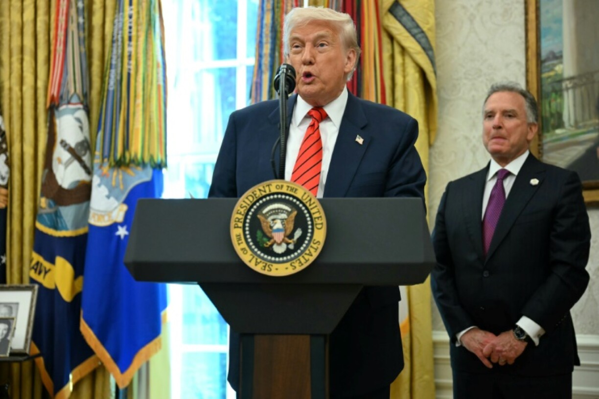 US President Donald Trump participates in a swearing-in ceremony for the Assistant to the President, Senior Advisor and Special Envoy Steve Witkoff (R) in the Oval Office of the White House in Washington, DC, on May 6, 2025.