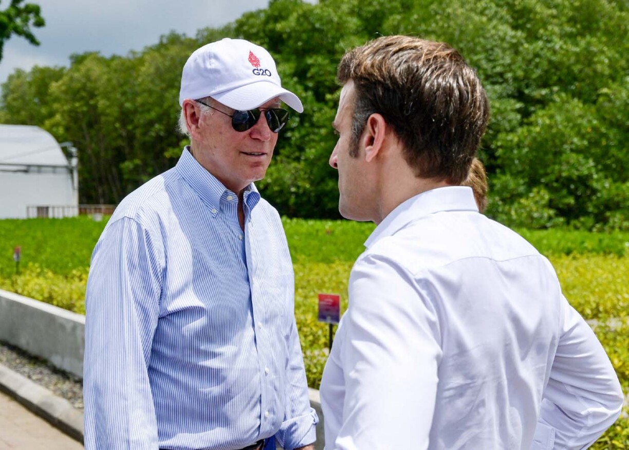 Joe Biden speaks with Emmanuel Macron at the G20 meeting in Indonesia.