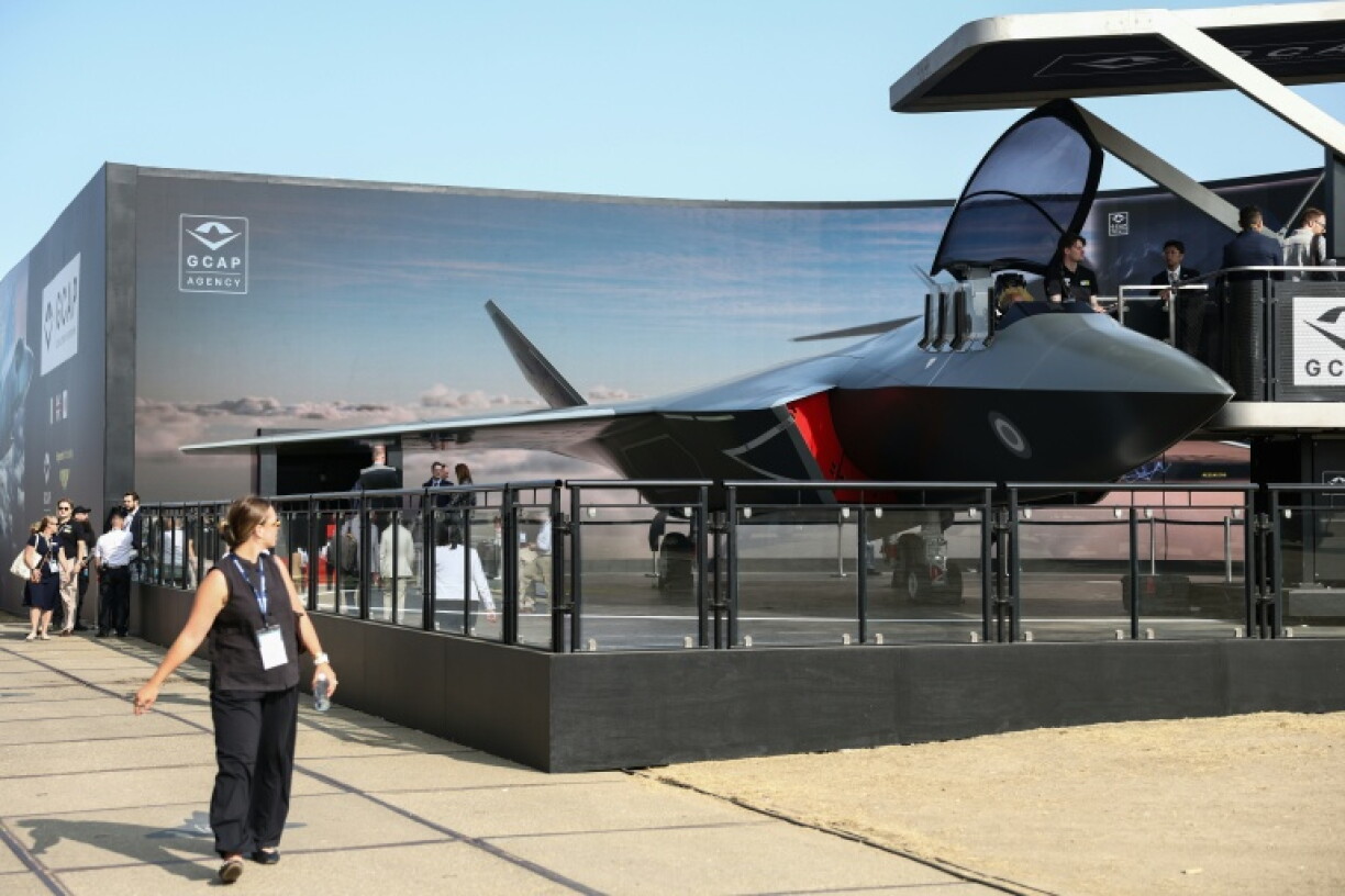 A model of the Tempist stealth jet for the Global Combat Air Programme (GCAP) at the Farnborough airshow in Britain in July 2026