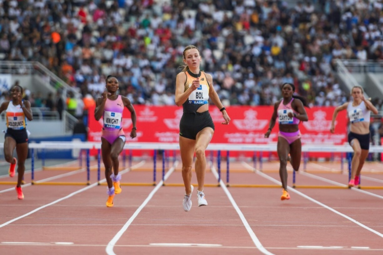 Femke Bol (C) powering away from the field in the 400m hardles in the Rabat Diamond League