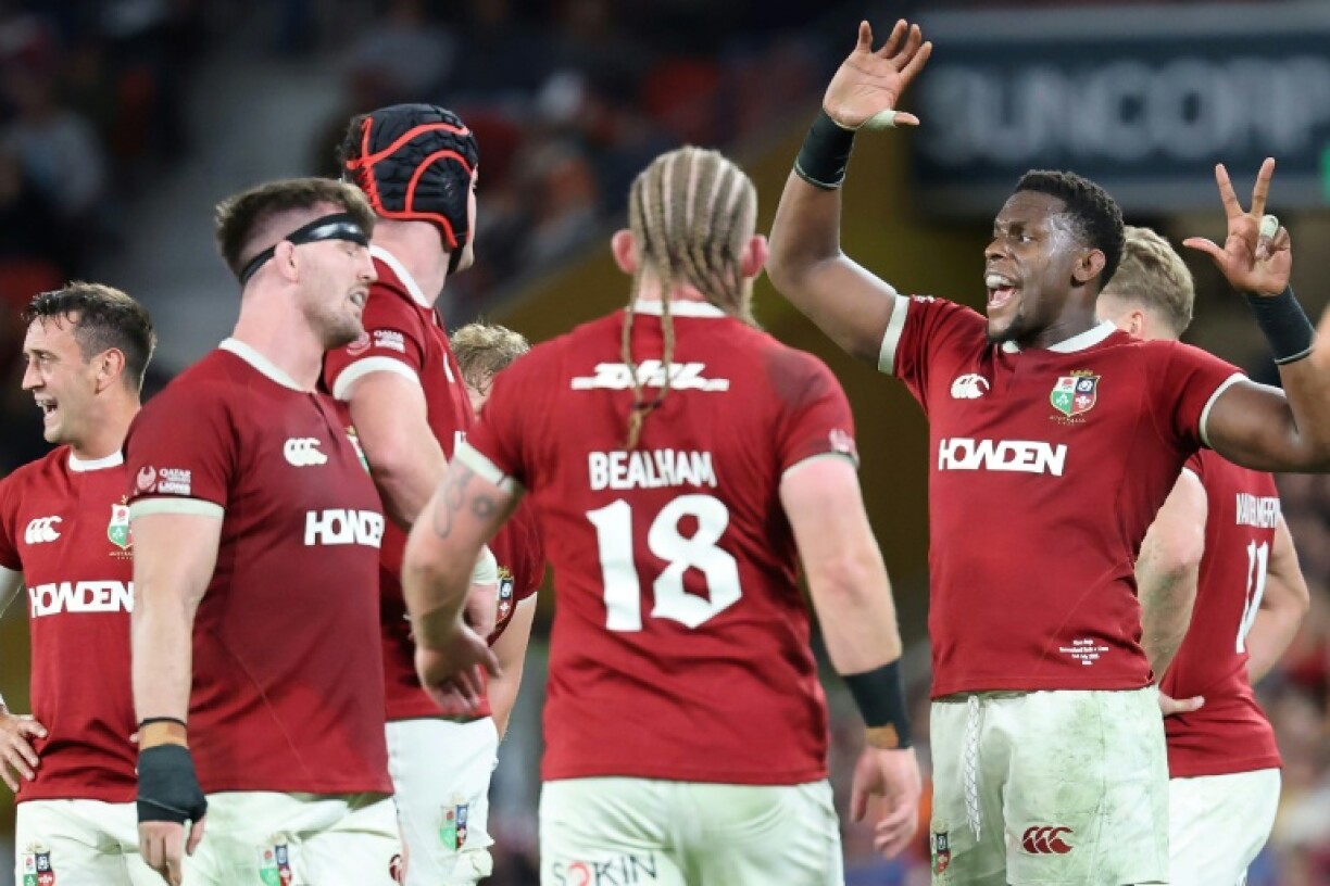 Captain Maro Itoje (right) instructs his British and Irish Lions players during the match against Queensland Reds in Brisbane