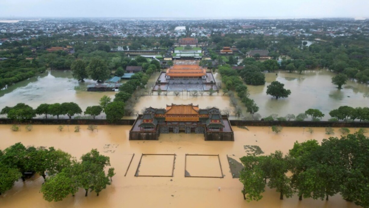 An aerial view shows floodwaters inundating the Imperial City in Vietnam's Hue