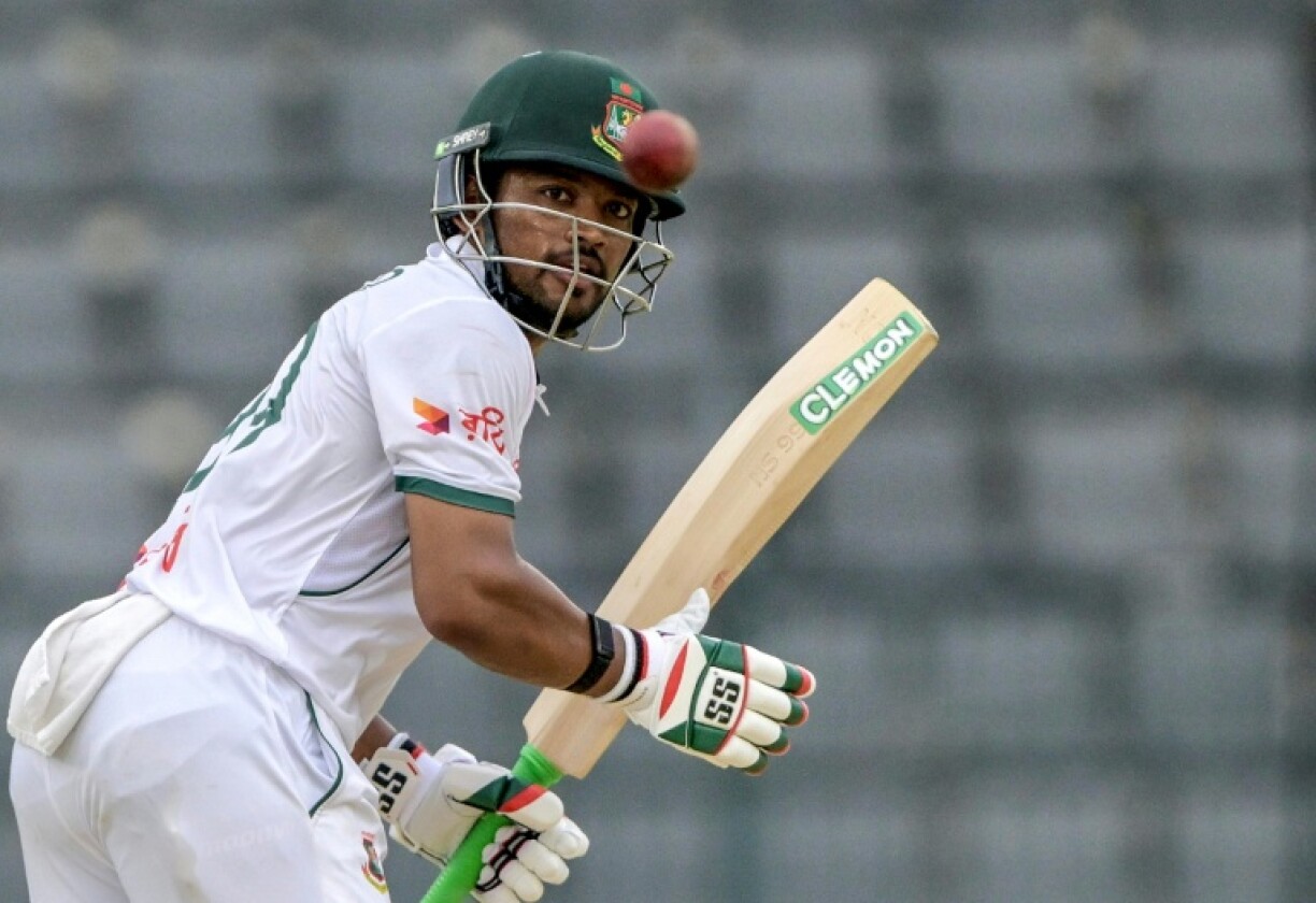 Bangladesh’s captain Najmul Hossain Shanto plays a shot during the third day of the first Test cricket match against Zimbabwe