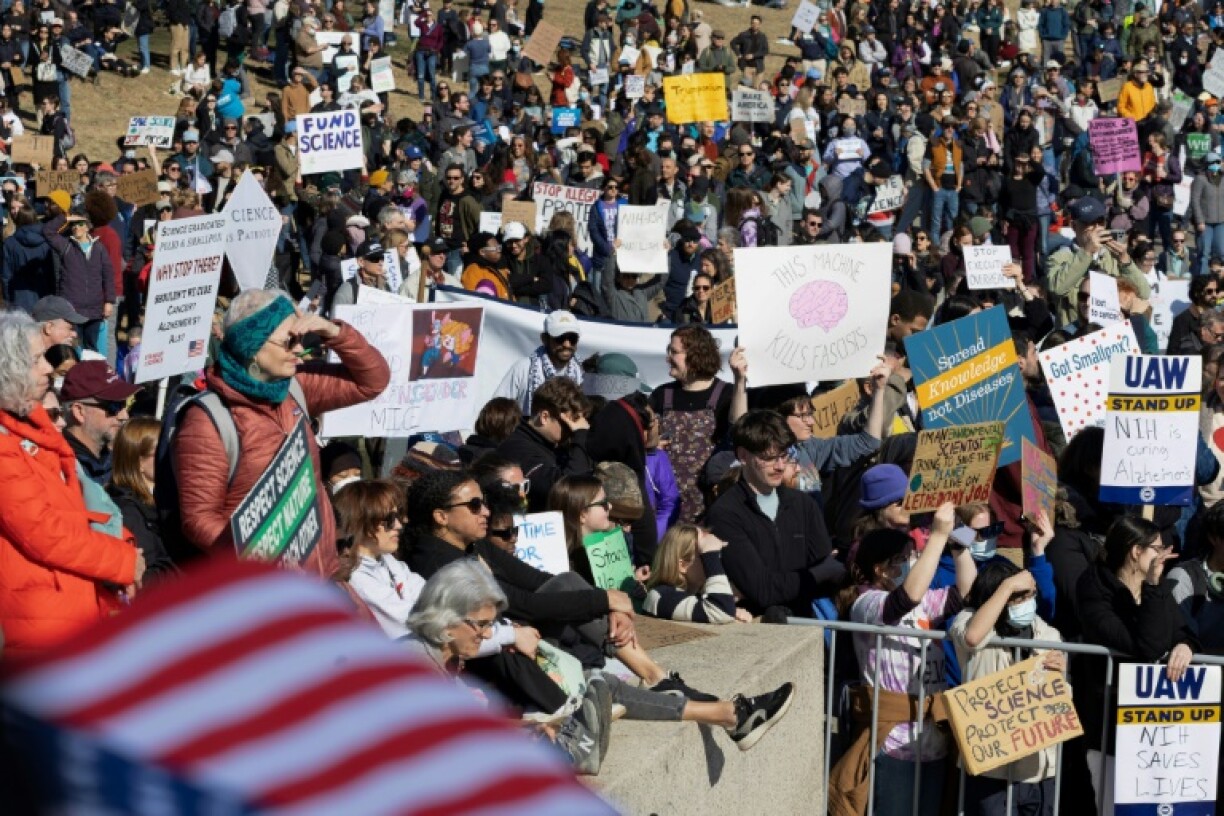 Demonstrators take part in a Stand Up For Science rally at the Lincoln Memorial in Washington
