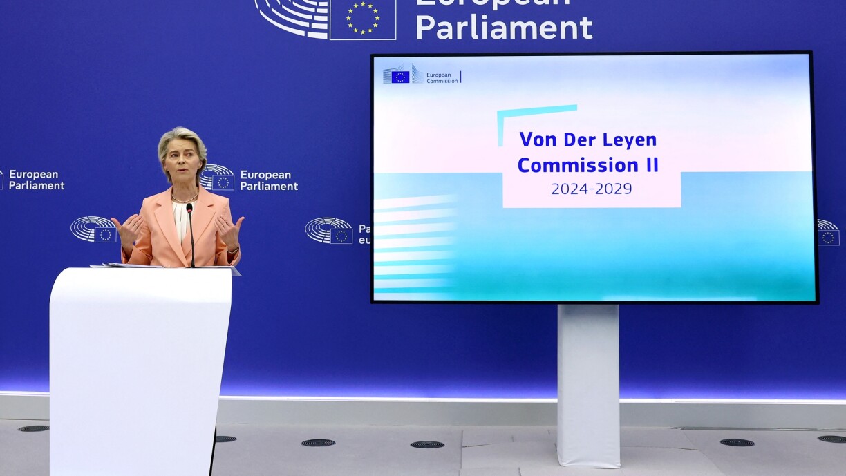 European Commission President Ursula von der Leyen speaks during the presentation of the new Commission and the allocation of portfolios between the Commissioners-designate, as part of a plenary session at the European Parliament in Strasbourg on 17 September 2024.