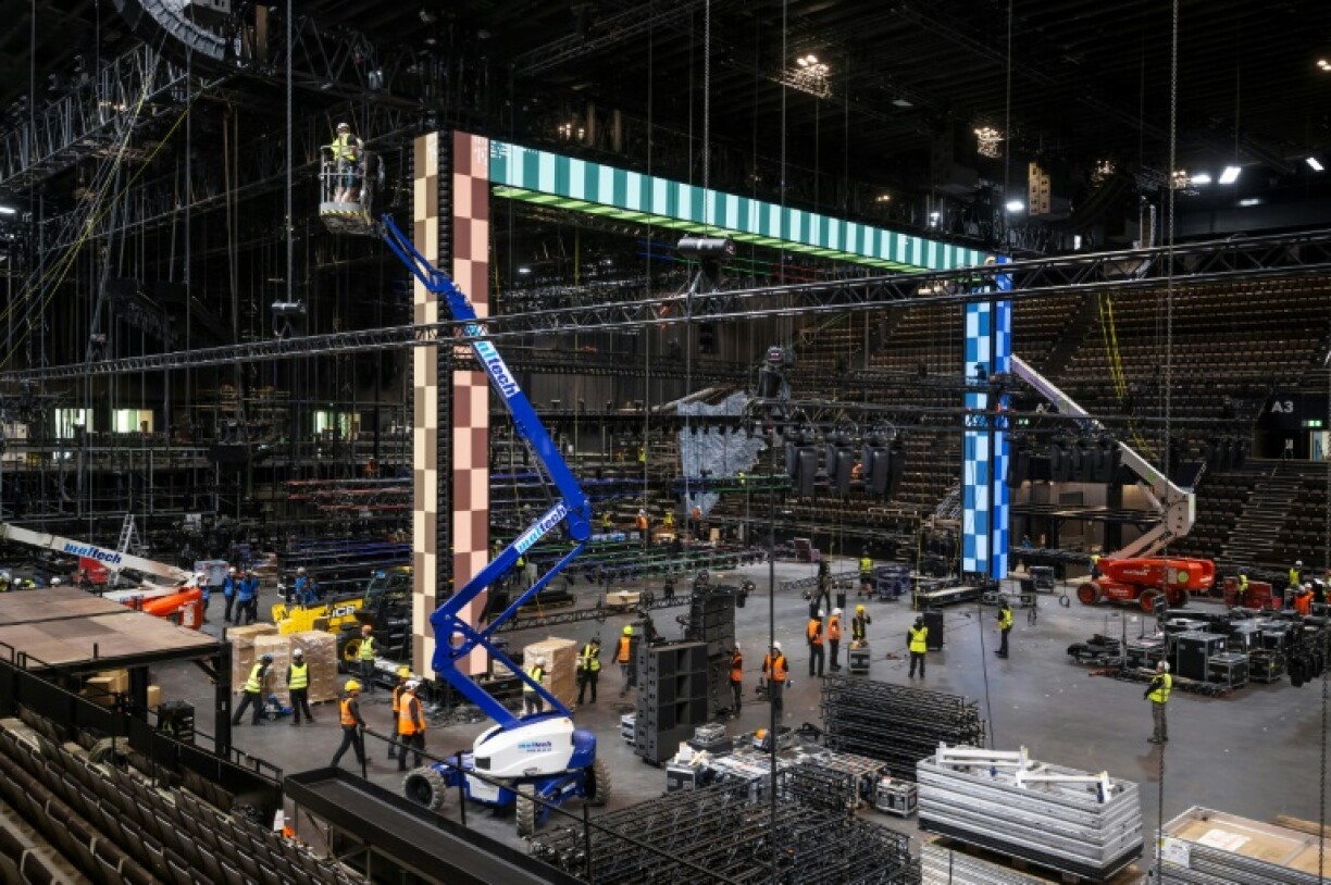 Workers are putting together the stage for this year's Eurovision contest