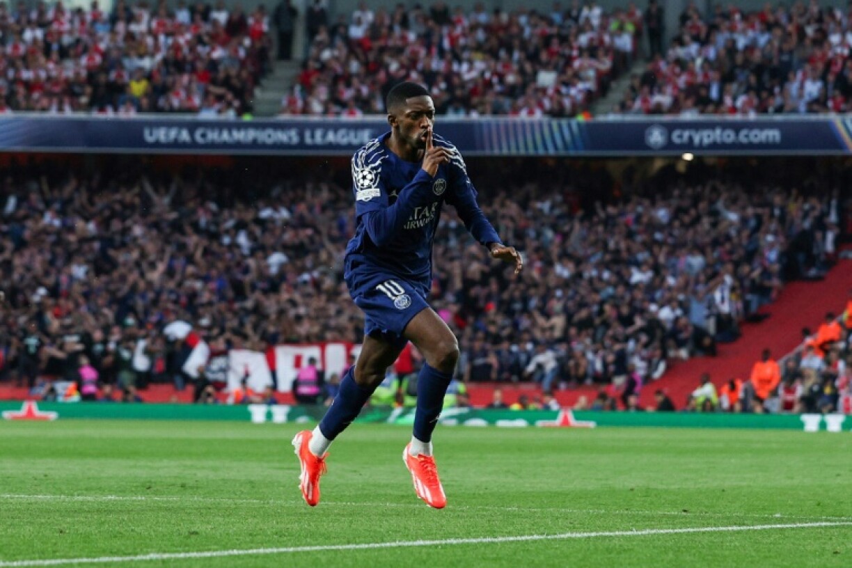 Paris Saint-Germain's Ousmane Dembele celebrates scoring against Arsenal