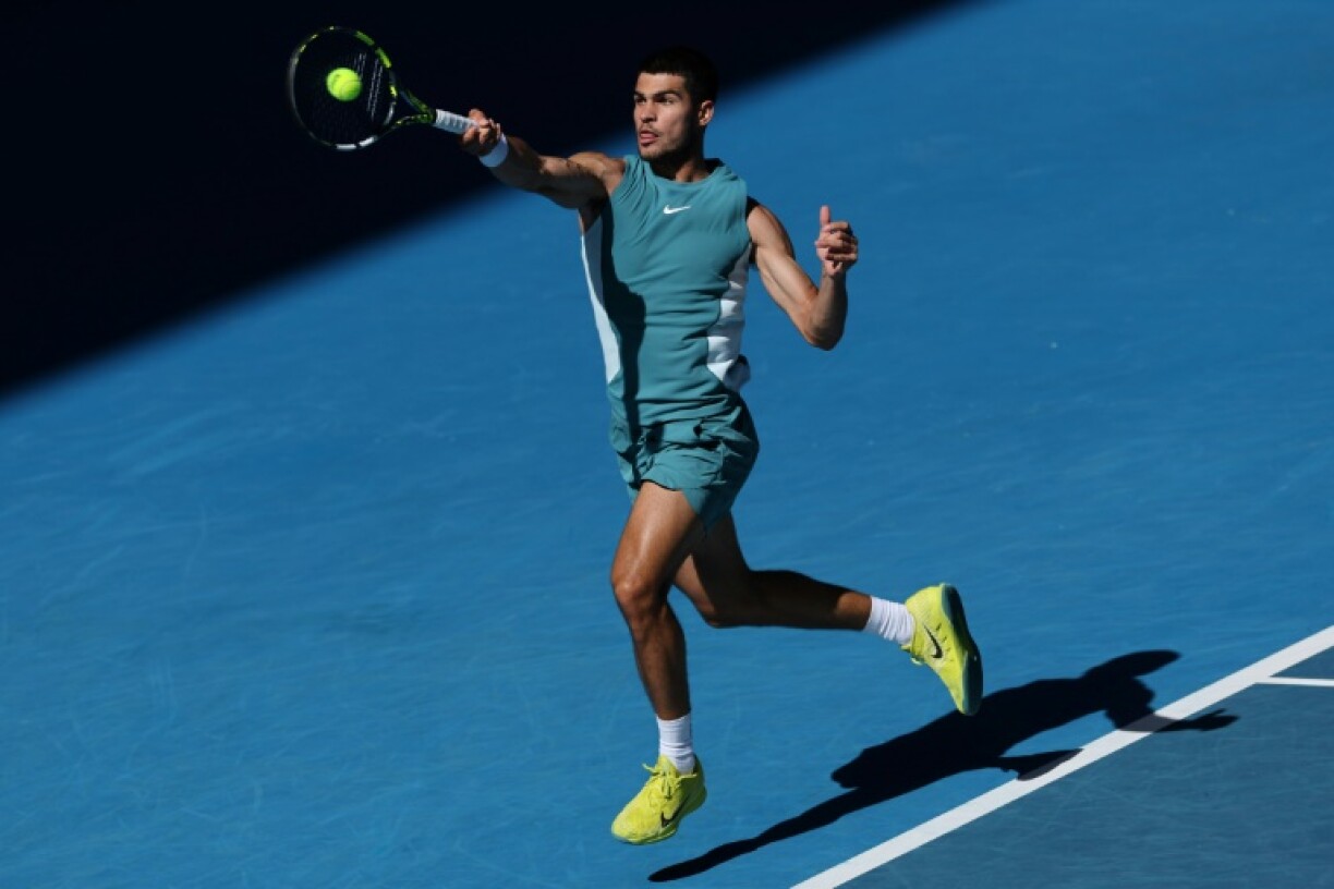 Spain's Carlos Alcaraz hits a return against Portugal’s Nuno Borges