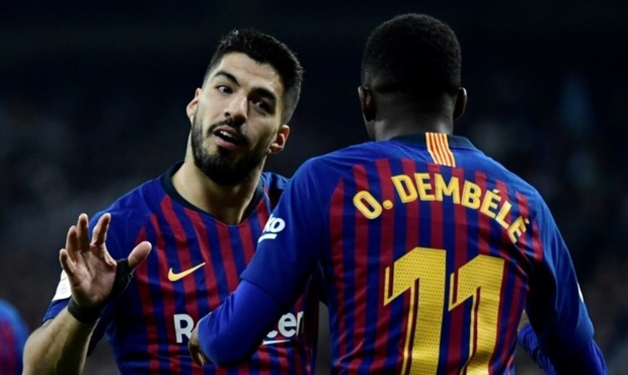 Luis Suarez et Ousmane Dembele fêtent le but face au Real Madrid le 27 février 2019.