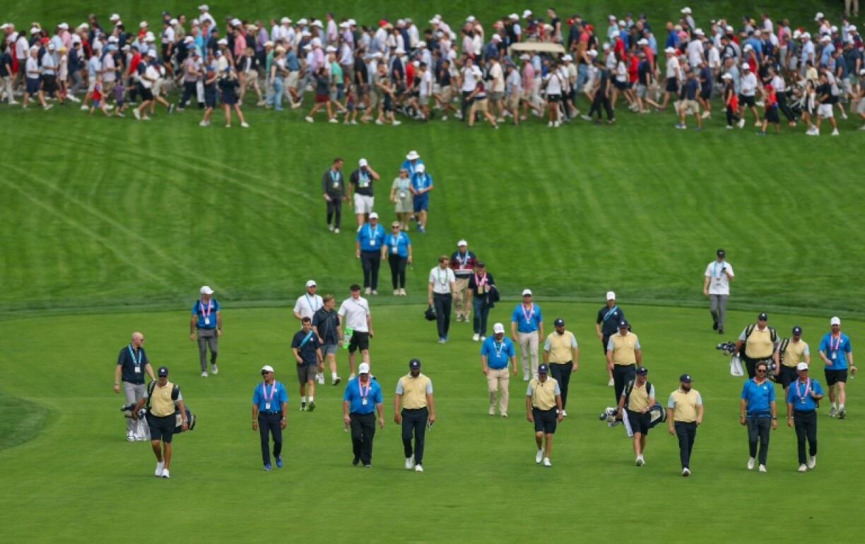 Team Europe walk on course during a practice round prior to the Ryder Cup at Bethpage Black