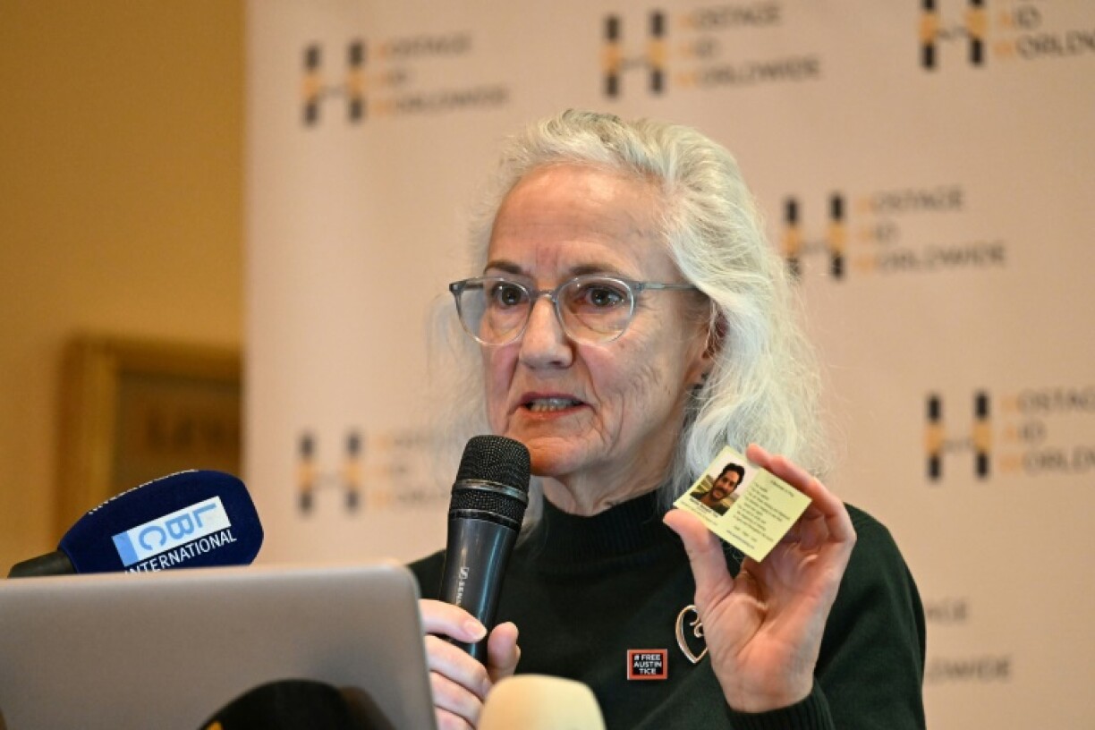 Debra Tice, mother of missing US journalist Austin Tice who disappeared while reporting in Syria in 2012, speaks to journalists in Damascus
