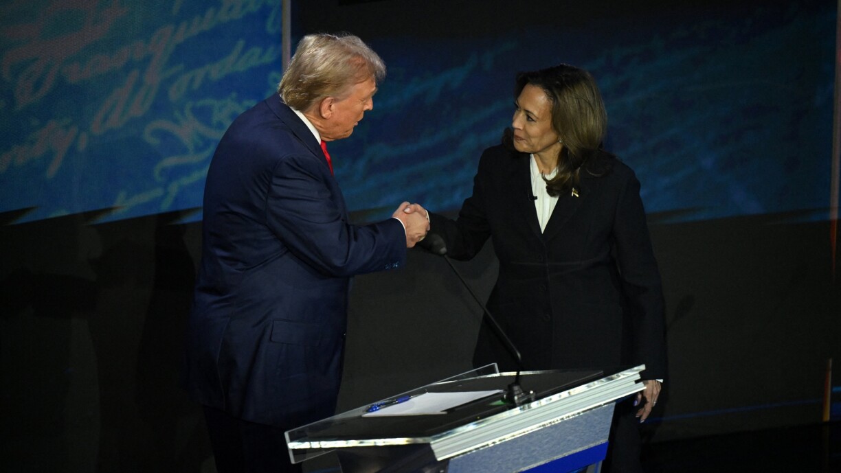 Kamala Harris and Donald Trump shake hands at the start of their only presidential debate at the National Constitution Center in Philadelphia, Pennsylvania, on 10 September 2024.