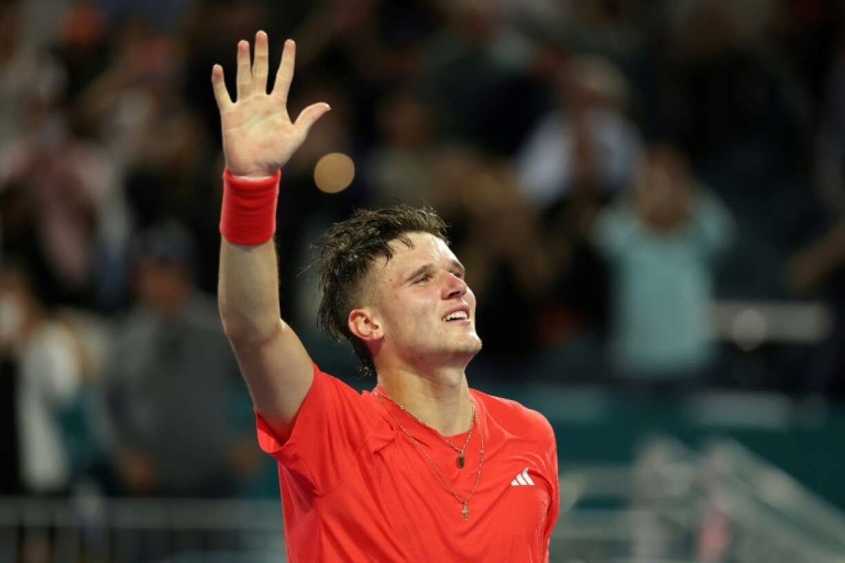 Czech teen Jakub Mensik celebrates after defeating Novak Djokovic of Serbia to win the Miami Open ATP Masters title