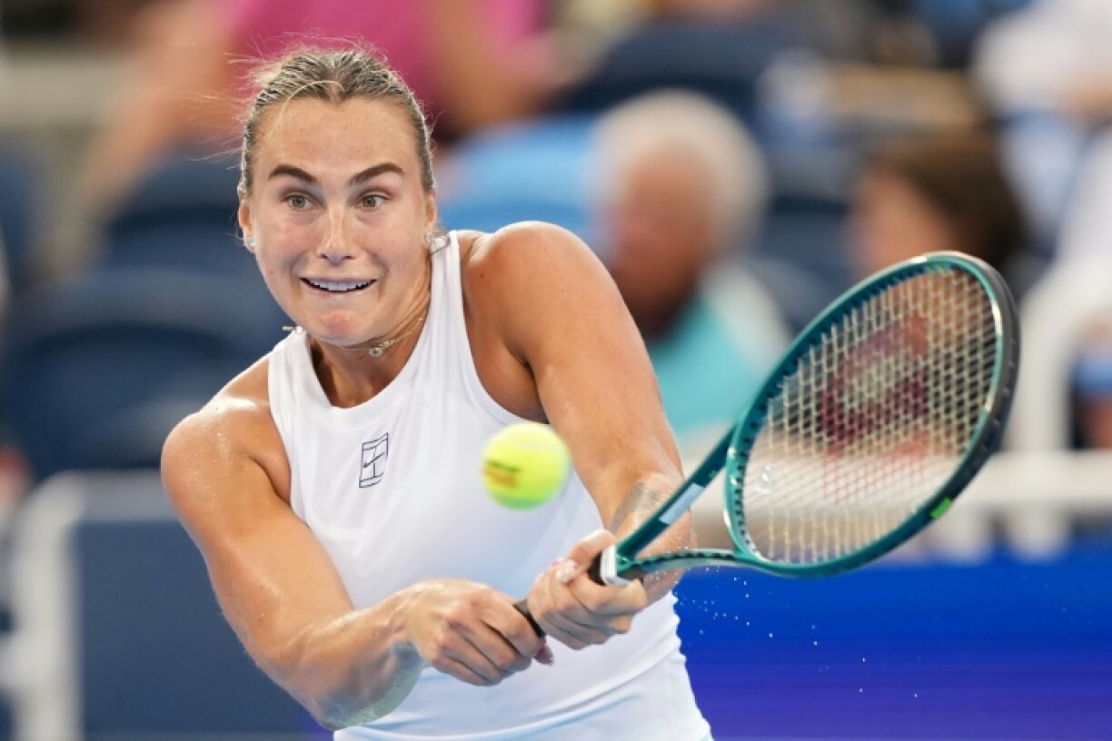 Defending champion Aryna Sabalenka plays a backhand on the way to victory over Jessica Bouzas Maneiro at the ATP-WTA Cincinnati Open