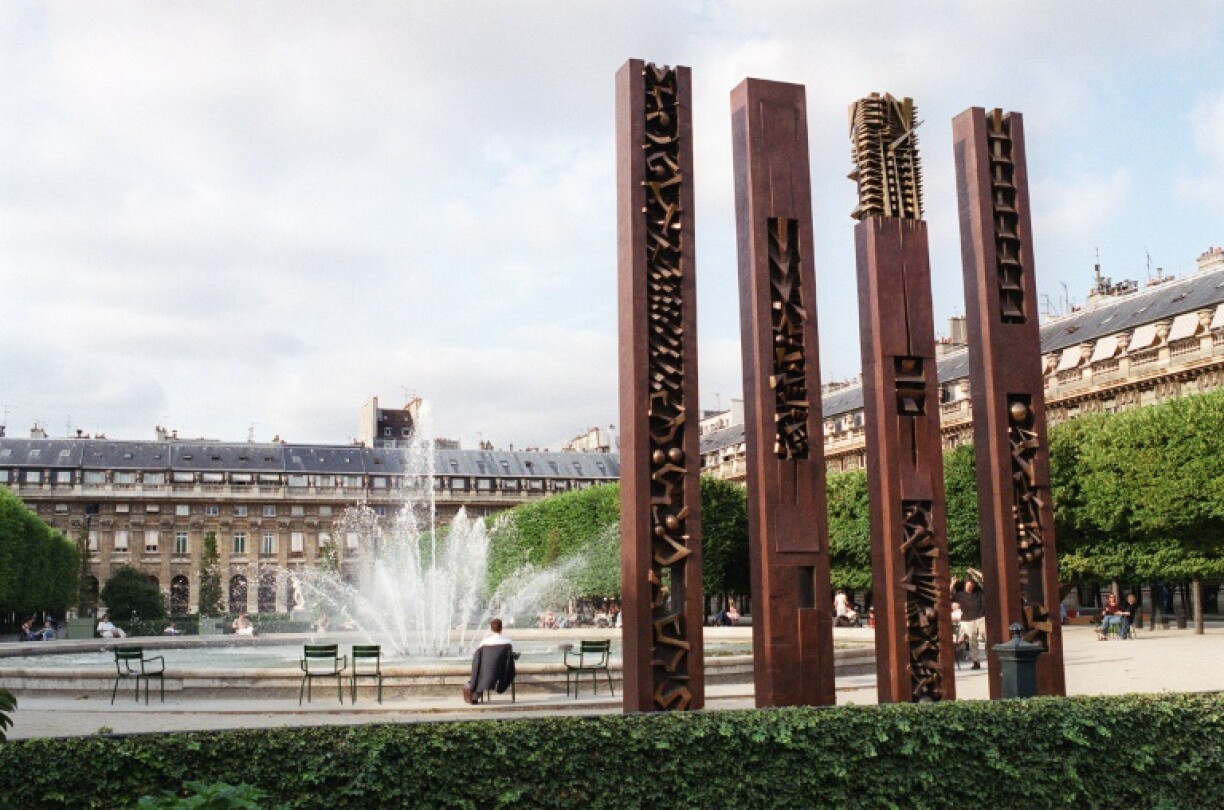 Pomodoro's thought-provoking sculptures were featured in Paris's Palais Royal gardens in 2002