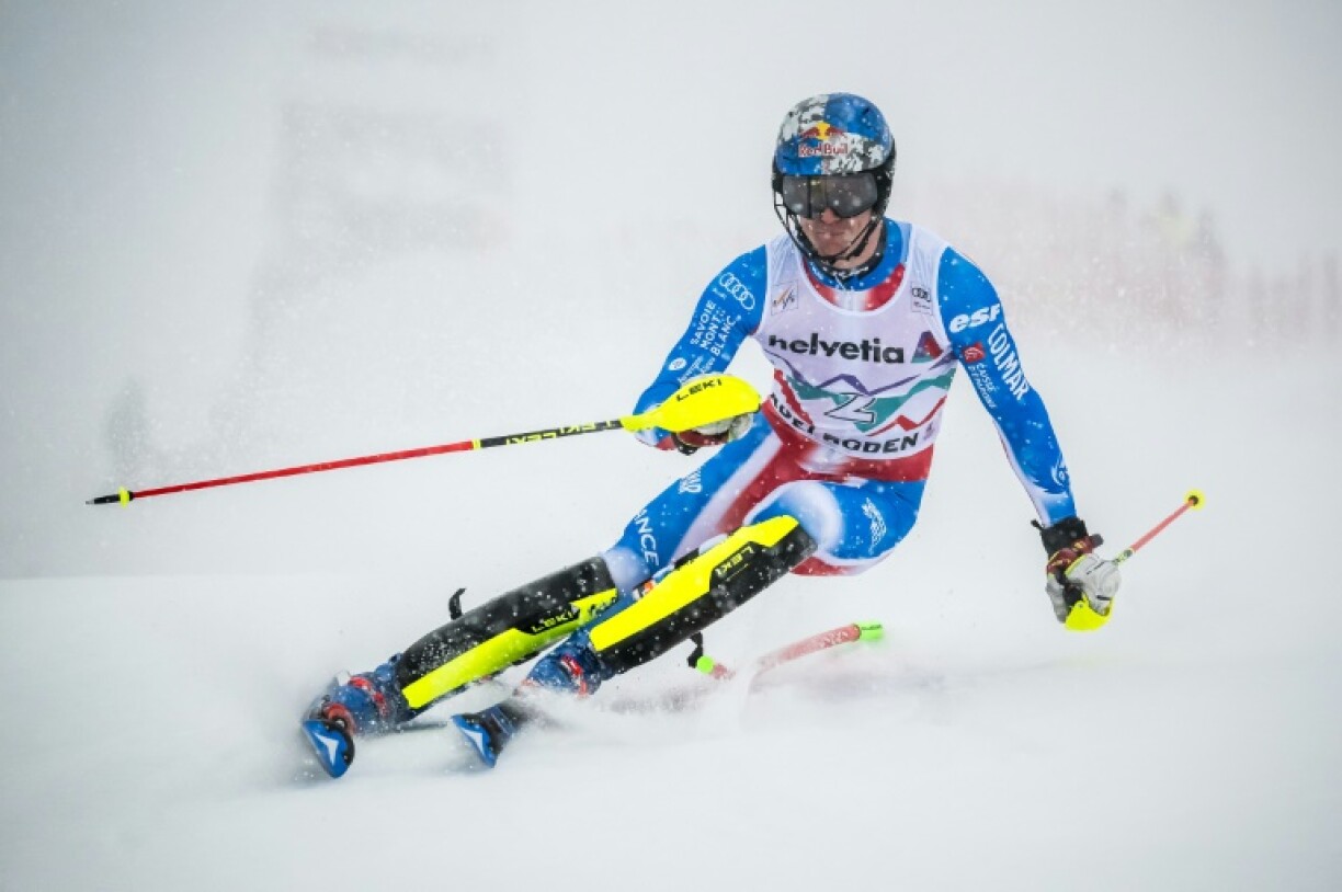 France's Clement Noel competes in the men's slalom in Adelboden, Switzerland