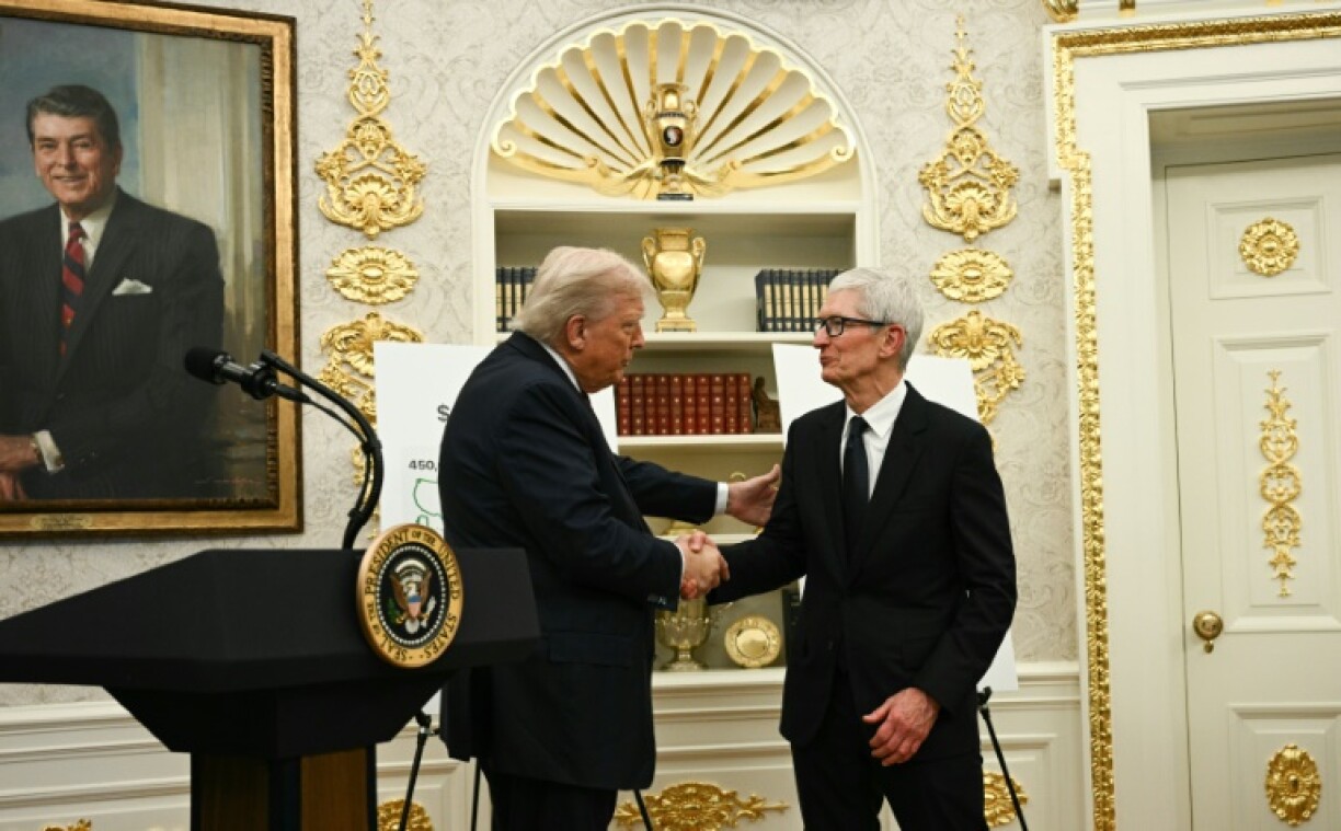 US President Donald Trump (L) shakes hands with Apple CEO Tim Cook in the Oval Office