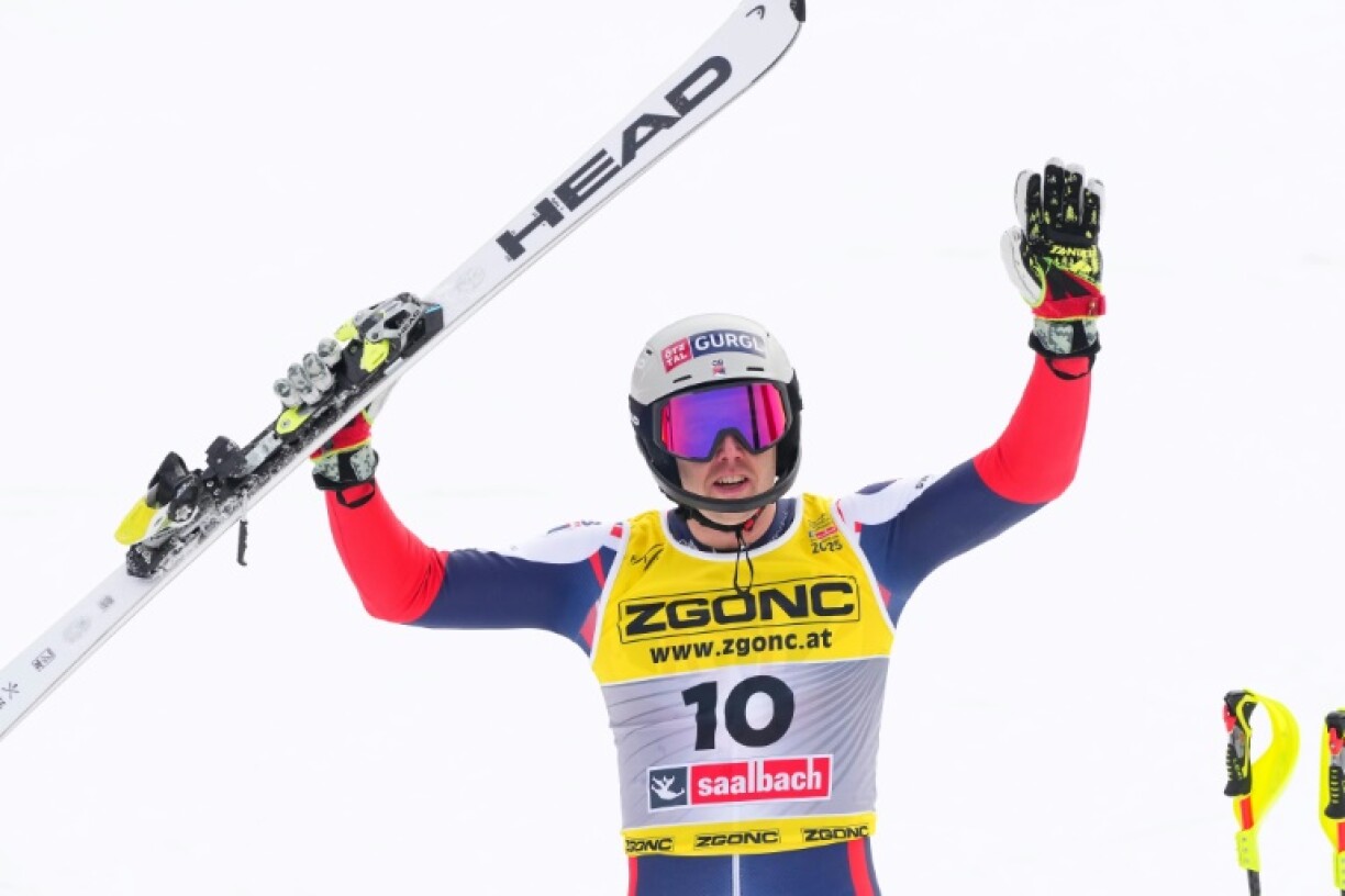 Dave Ryding reacts in the finish area