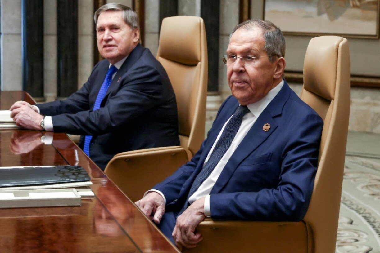 Russia's Foreign Minister Sergei Lavrov with presidential advisor Yuri Ushakov at the start of the Riyadh meeting