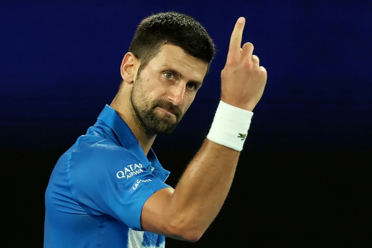 Serbia's Novak Djokovic reacts on a point against USA's Nishesh Basavareddy