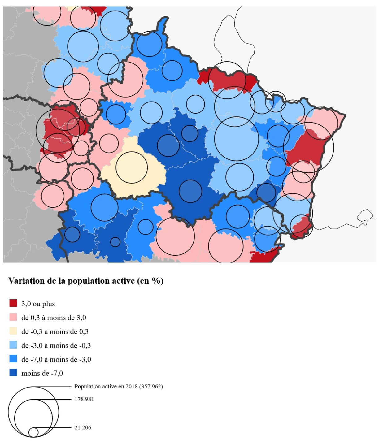 En rouge, on voit nettement que le secteur nord-lorrain autour de Thionville et Longwy gagne des habitants en âge de travailler.