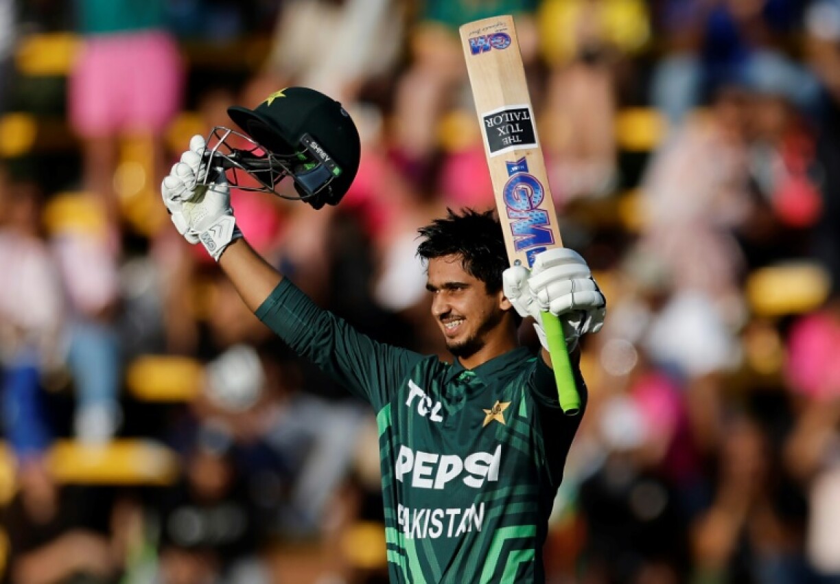 Century star: Pakistan's Saim Ayub celebrates after scoring a hundred in Sunday's win over South Africa