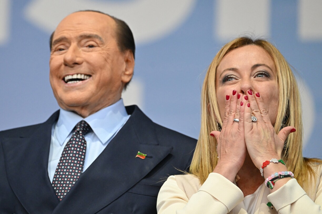 Silvio Berlusconi and Giorgia Meloni during a joint rally of Italy's right-wing parties at Piazza del Popolo in Rome.