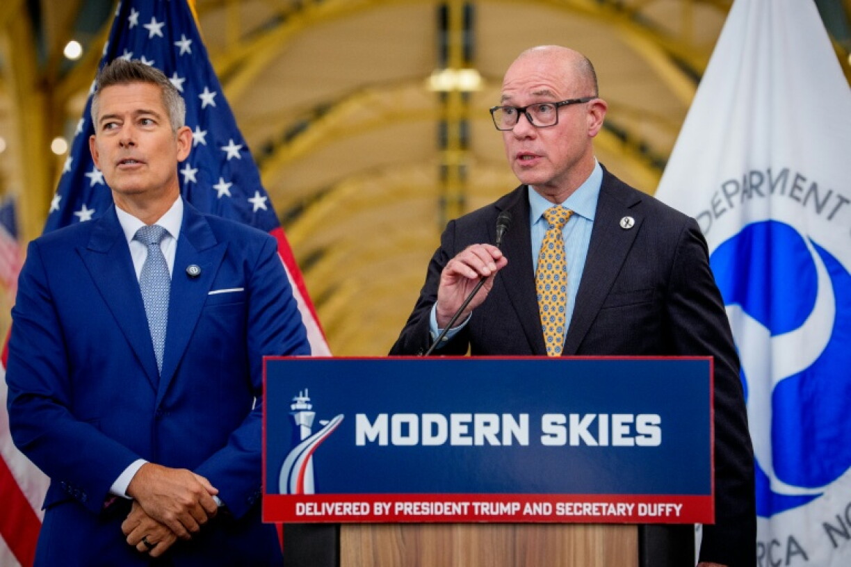 Federal Aviation Administration (FAA) Administrator Bryan Bedford (R), accompanied by Transportation Secretary Sean Duffy (L) said the Boeing 737 MAX 10 certification will be delayed by a newly discovered software bug