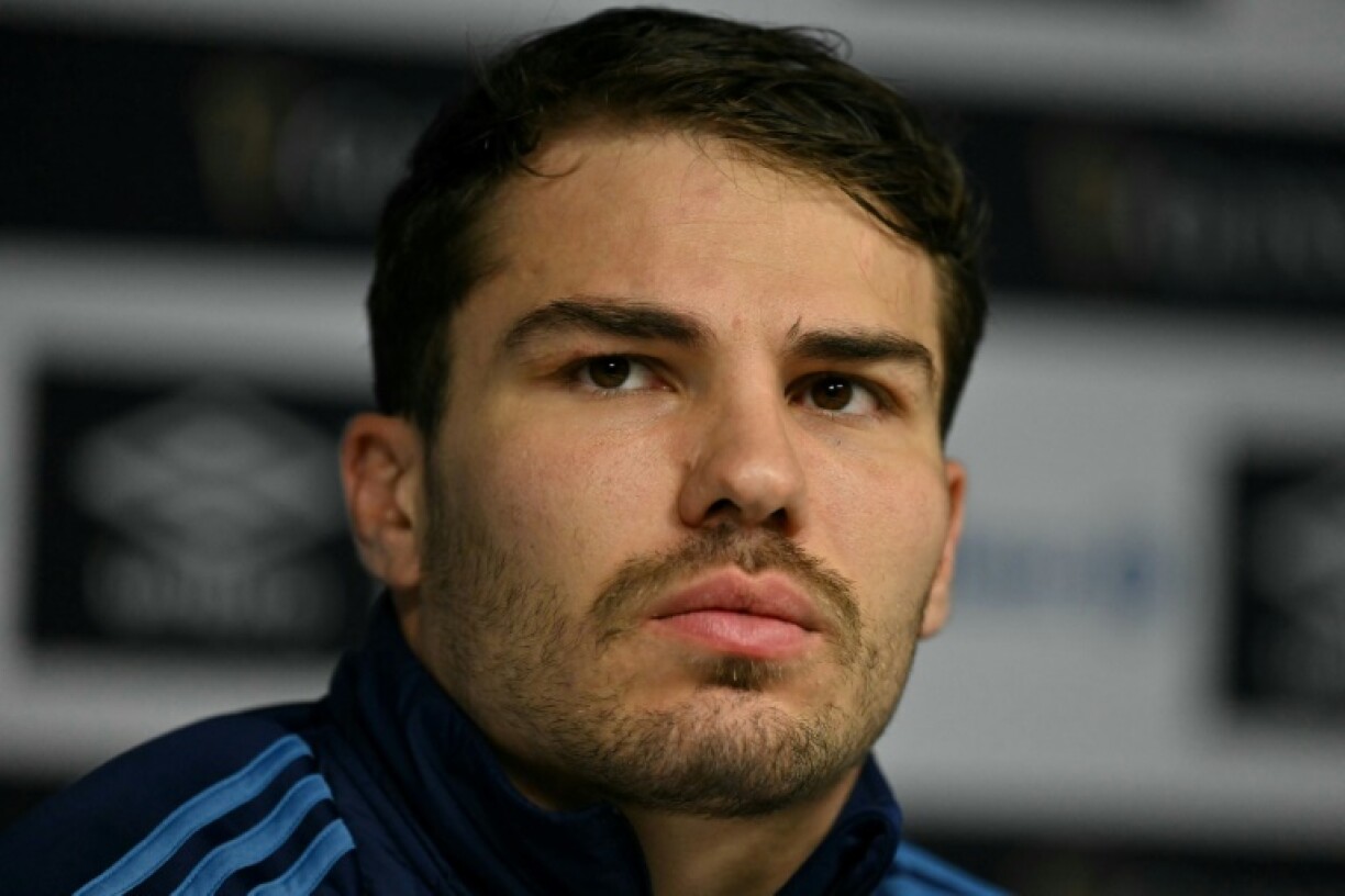 France captain Antoine Dupont looks on during a press conference at Twickenham