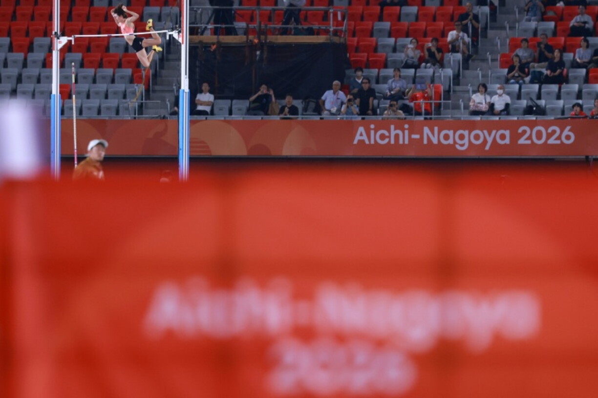 Japan's Misaki Morota on her way to women's pole vault gold on Friday, watched by a sparse crowd at the Mizuho Park Athletics Stadium in Nagoya